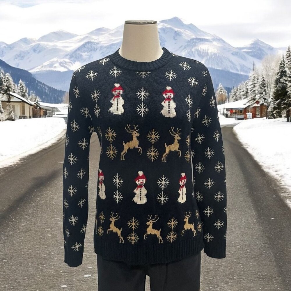 Vintage D&C Holiday Christmas Sweater Snowman Reindeer Pattern Festive Winter‎
